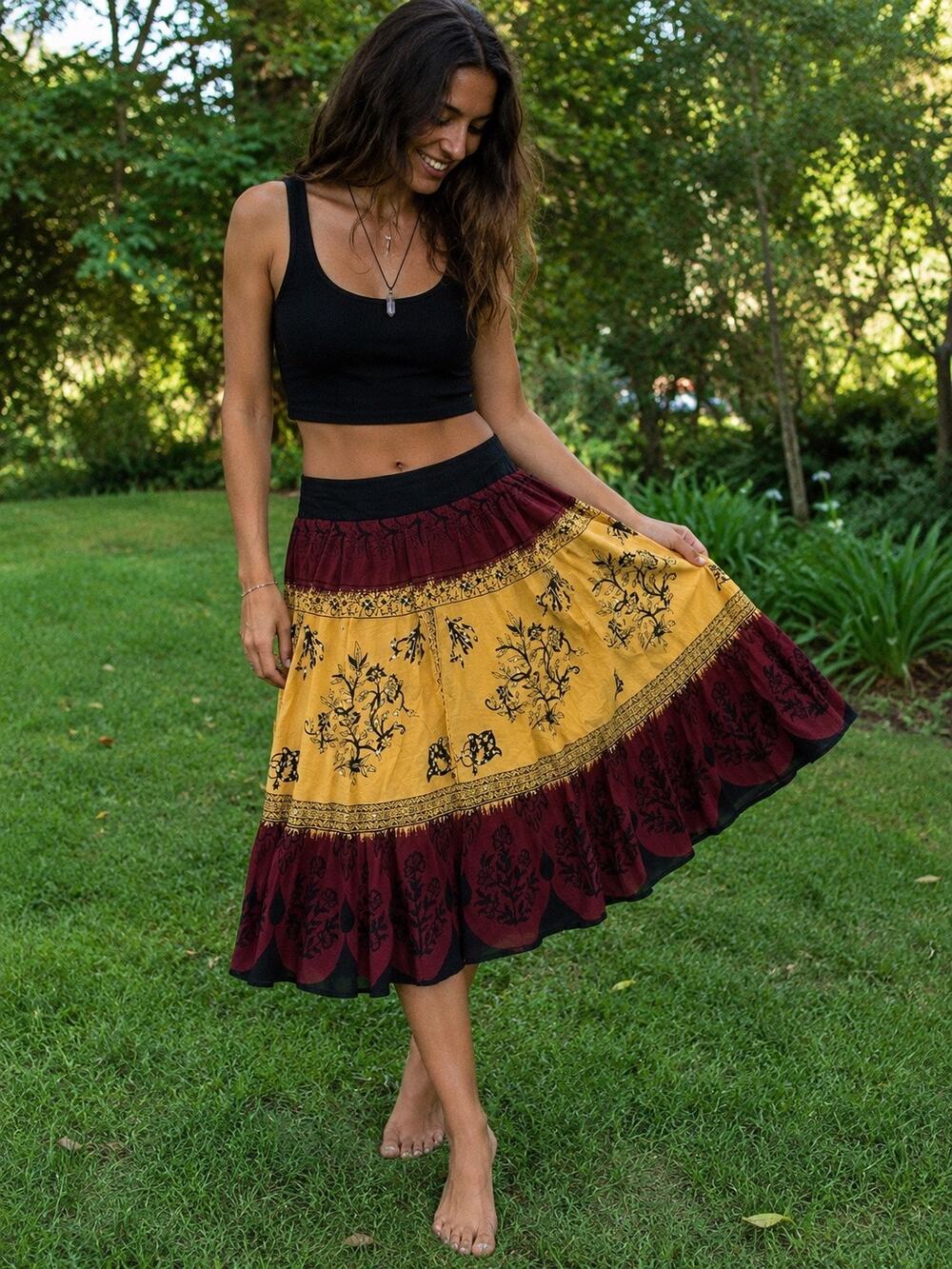 Boho Cotton Print Skirt Lined Sequin Accent Festival Lightweight Organic Midi